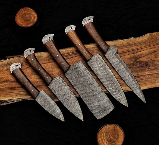 The Black Rose presents the Damascus 5-Piece Chef Knife Set with Leather Roll. Personalized Damascus Steel Chef Set, Hand Forged - Damascus Kings