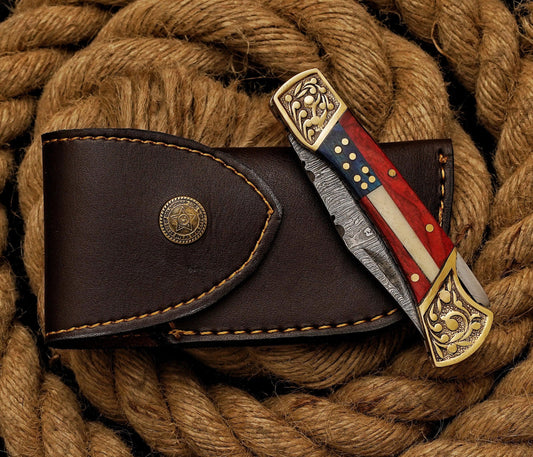 Customs Hand Made Forged Damascus Steel Folding Knife Engraved Brass Bolster Bone Handle - Damascus Kings