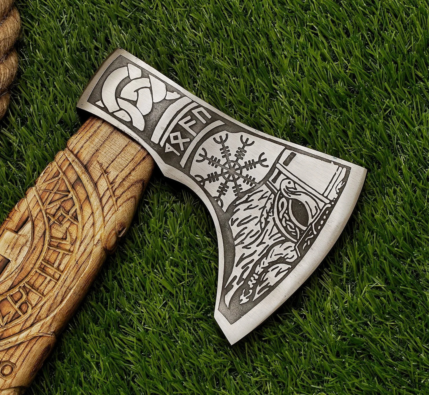 Handcrafted 19.5" Hunting Axe With Custom Leather Pouch - Damascus Kings