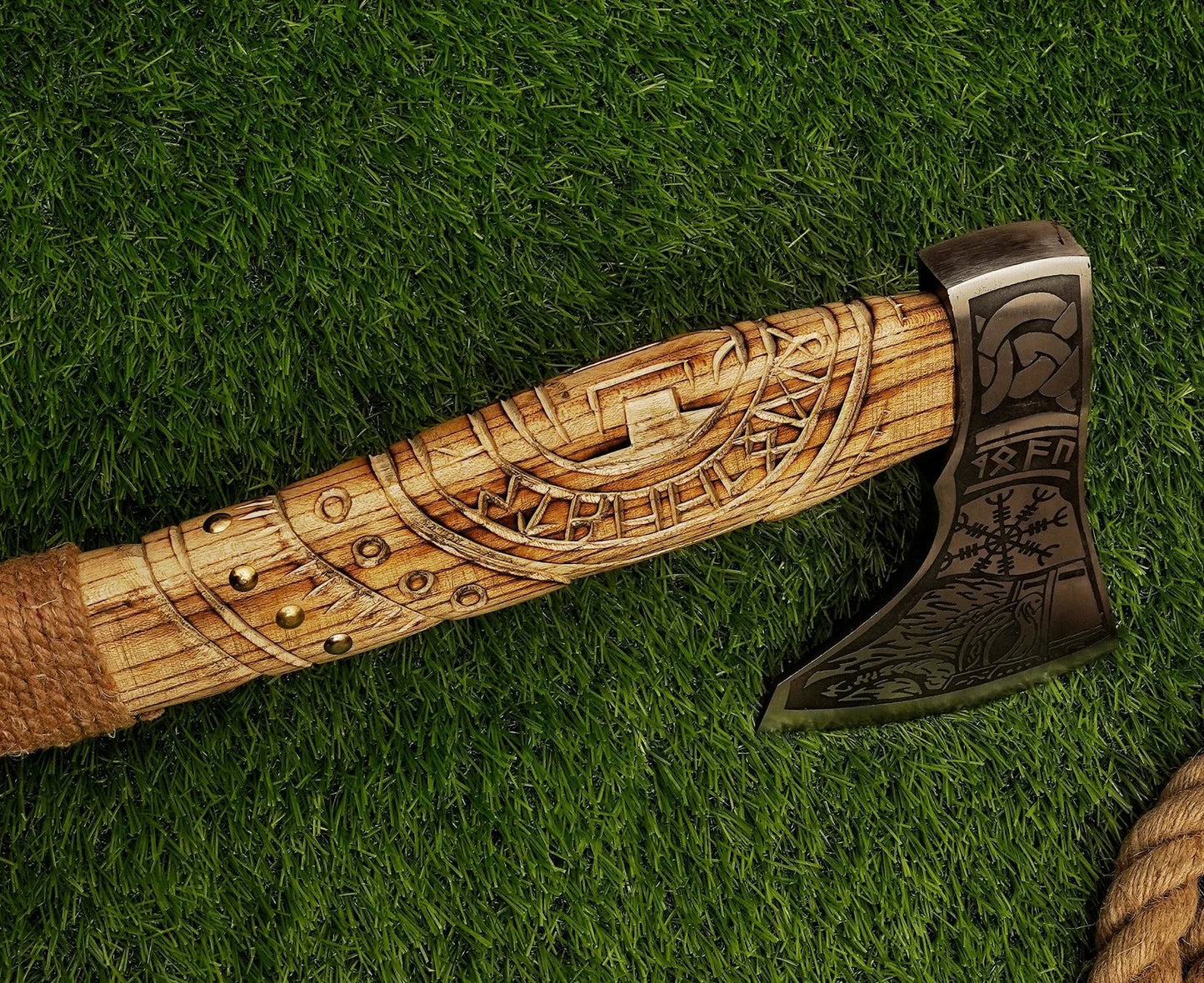Handcrafted 19.5" Hunting Axe With Custom Leather Pouch - Damascus Kings