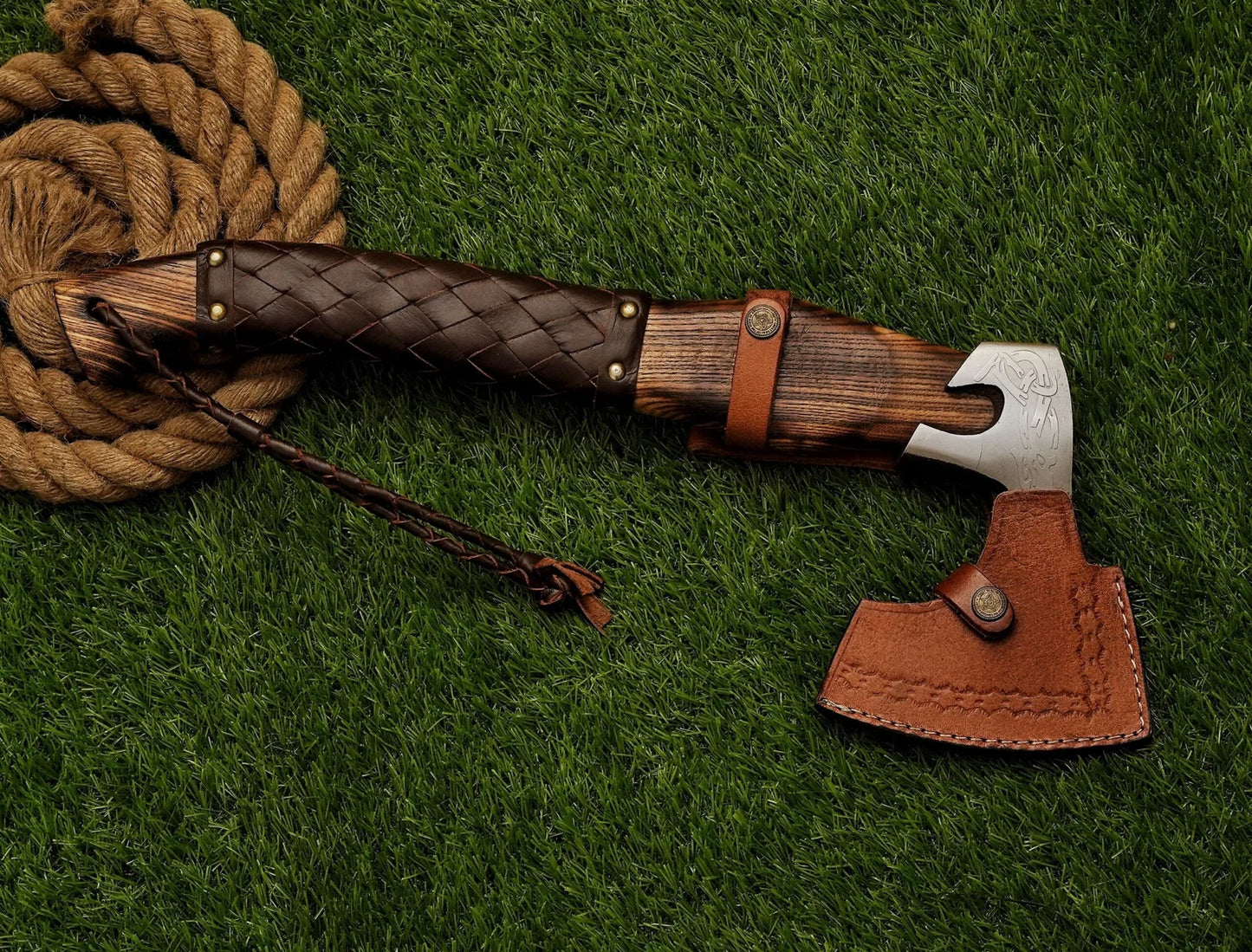 18" Small Forged Carbon Steel Axe with Ash Wood Shaft - Damascus Kings