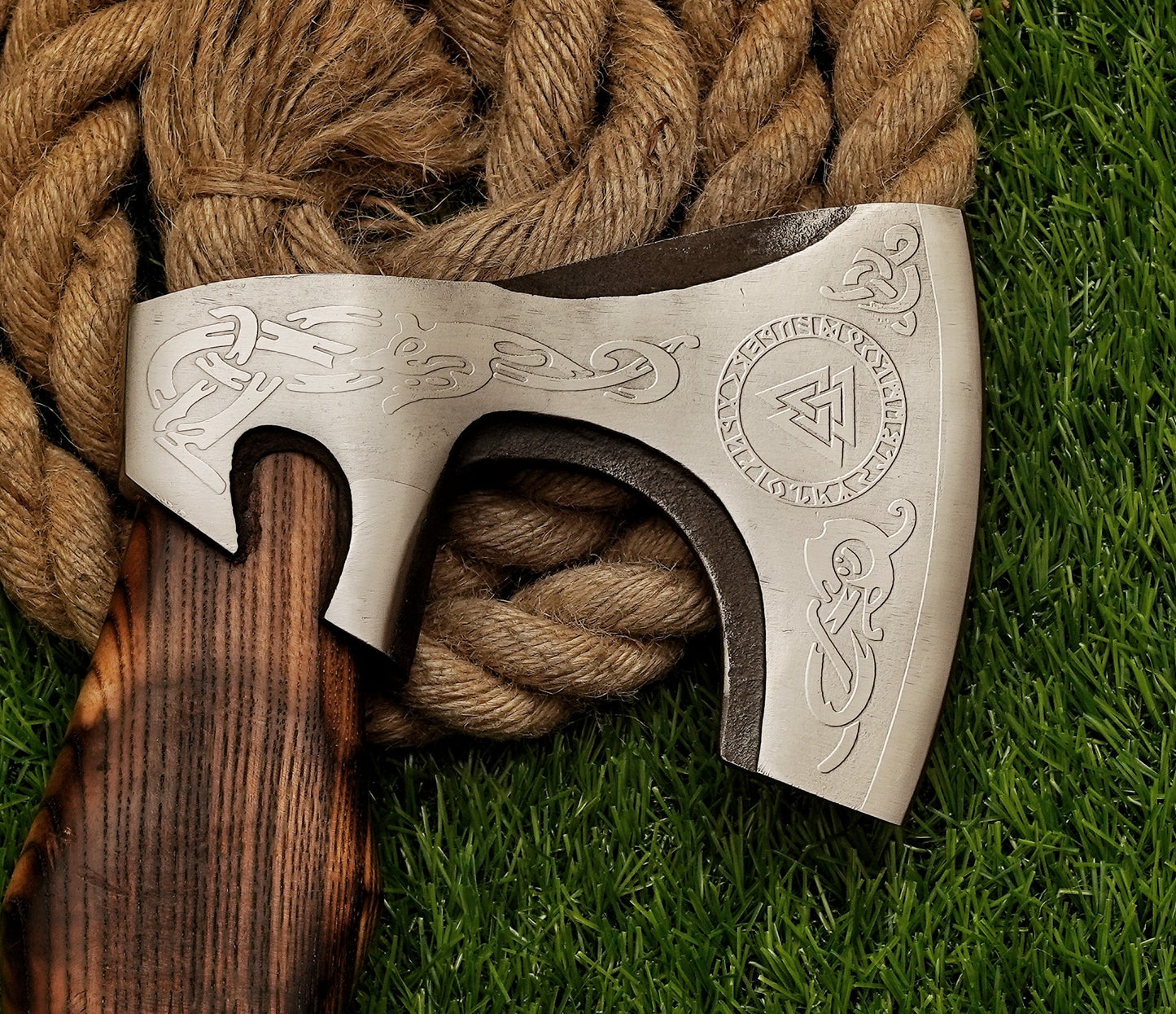 18" Small Forged Carbon Steel Axe with Ash Wood Shaft - Damascus Kings