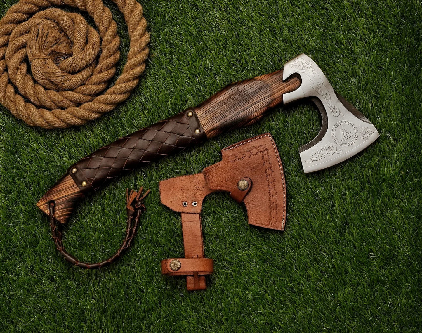18" Small Forged Carbon Steel Axe with Ash Wood Shaft - Damascus Kings