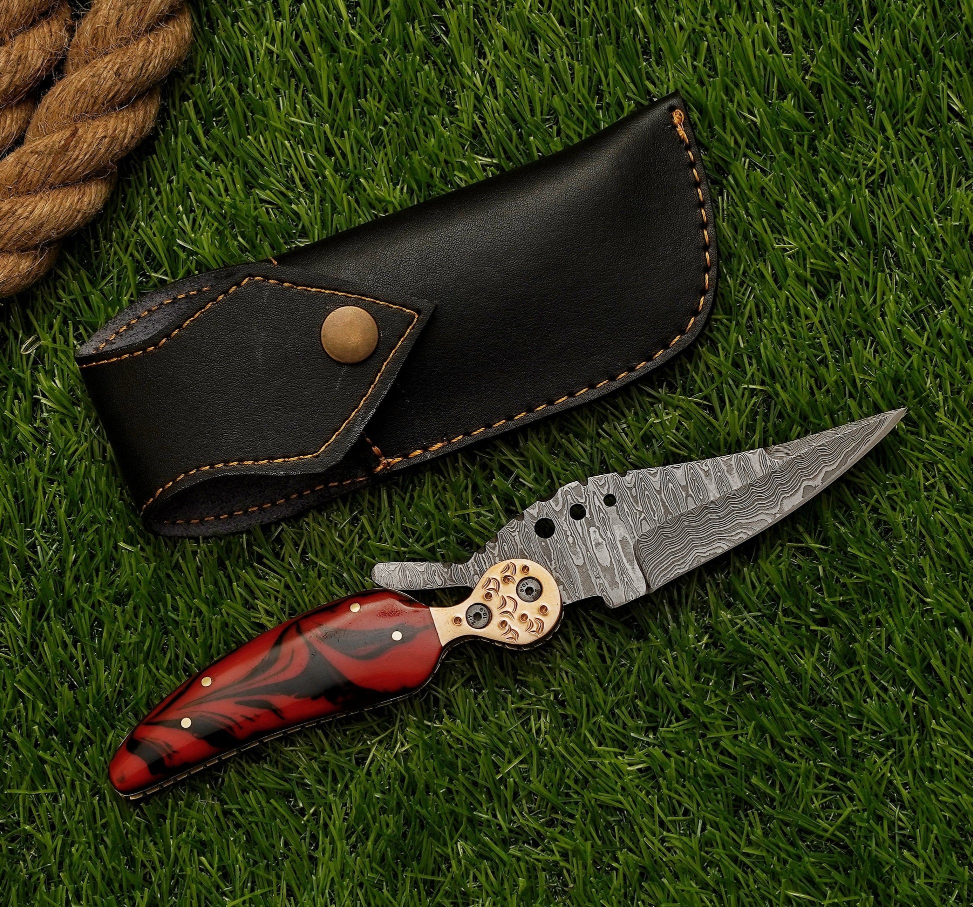 Custom Hand Forged Damascus Folding Knife Camping folding blade Handcrafted Damascus steel folding Knife with Resin Handle - Damascus Kings