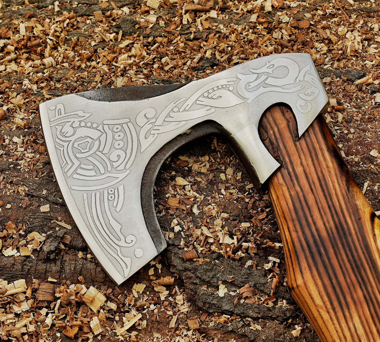 18" Small Forged Carbon Steel Axe with Ash Wood Shaft - Damascus Kings