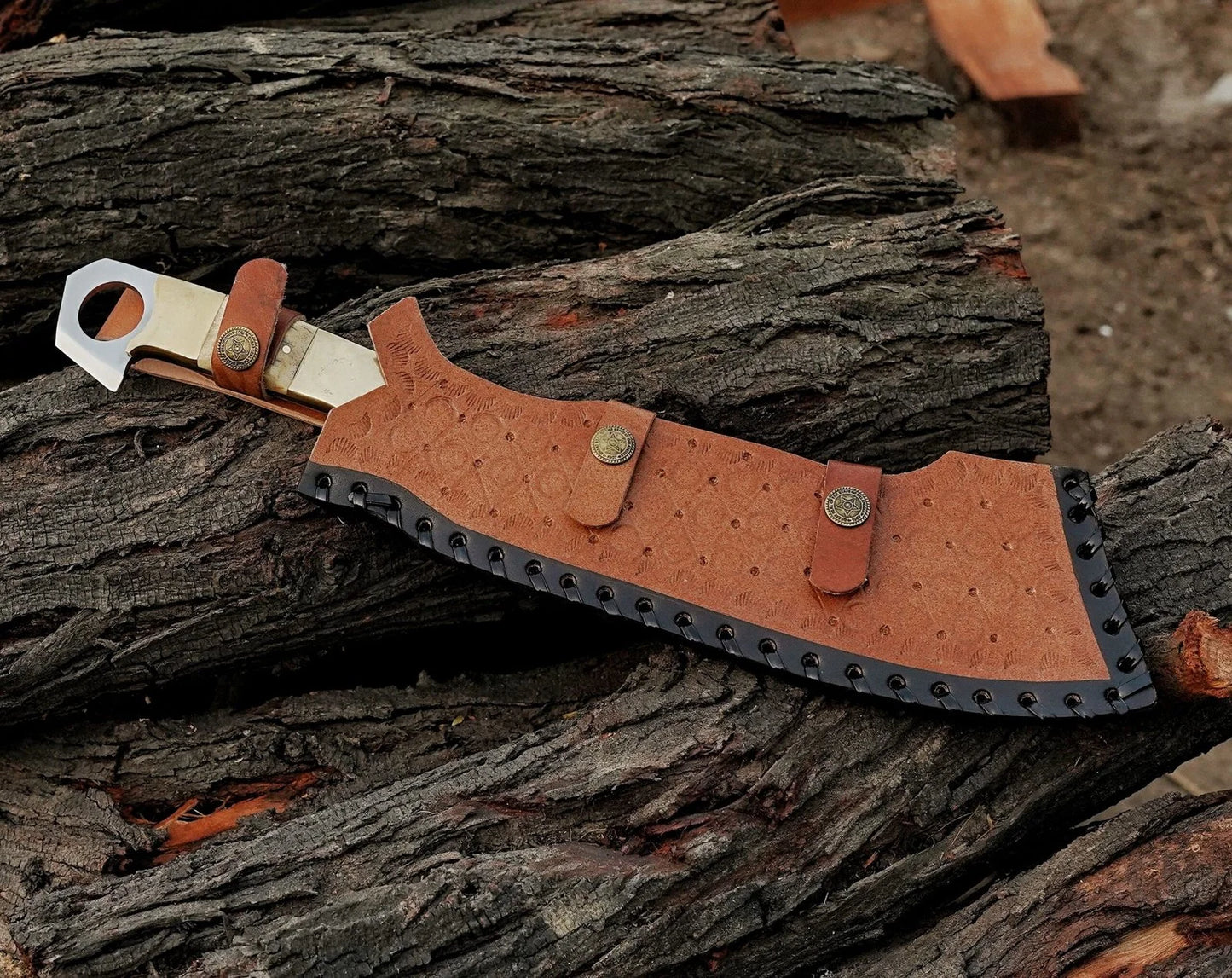 Handcrafted 15" J2 Steel Chopper Knife - Stag Horn & Brass Bolster - Damascus Kings