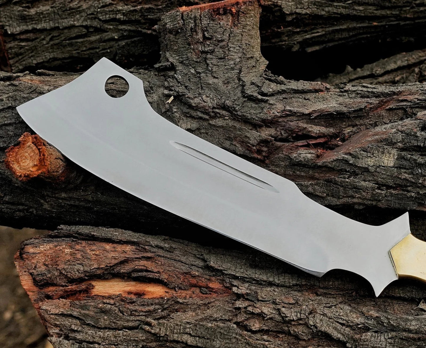 Handcrafted 15" J2 Steel Chopper Knife - Stag Horn & Brass Bolster - Damascus Kings