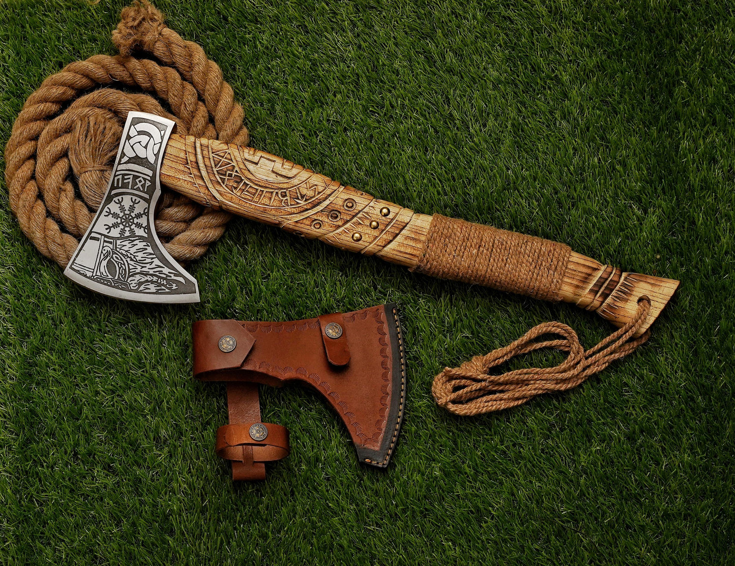 Handcrafted 19.5" Hunting Axe With Custom Leather Pouch - Damascus Kings