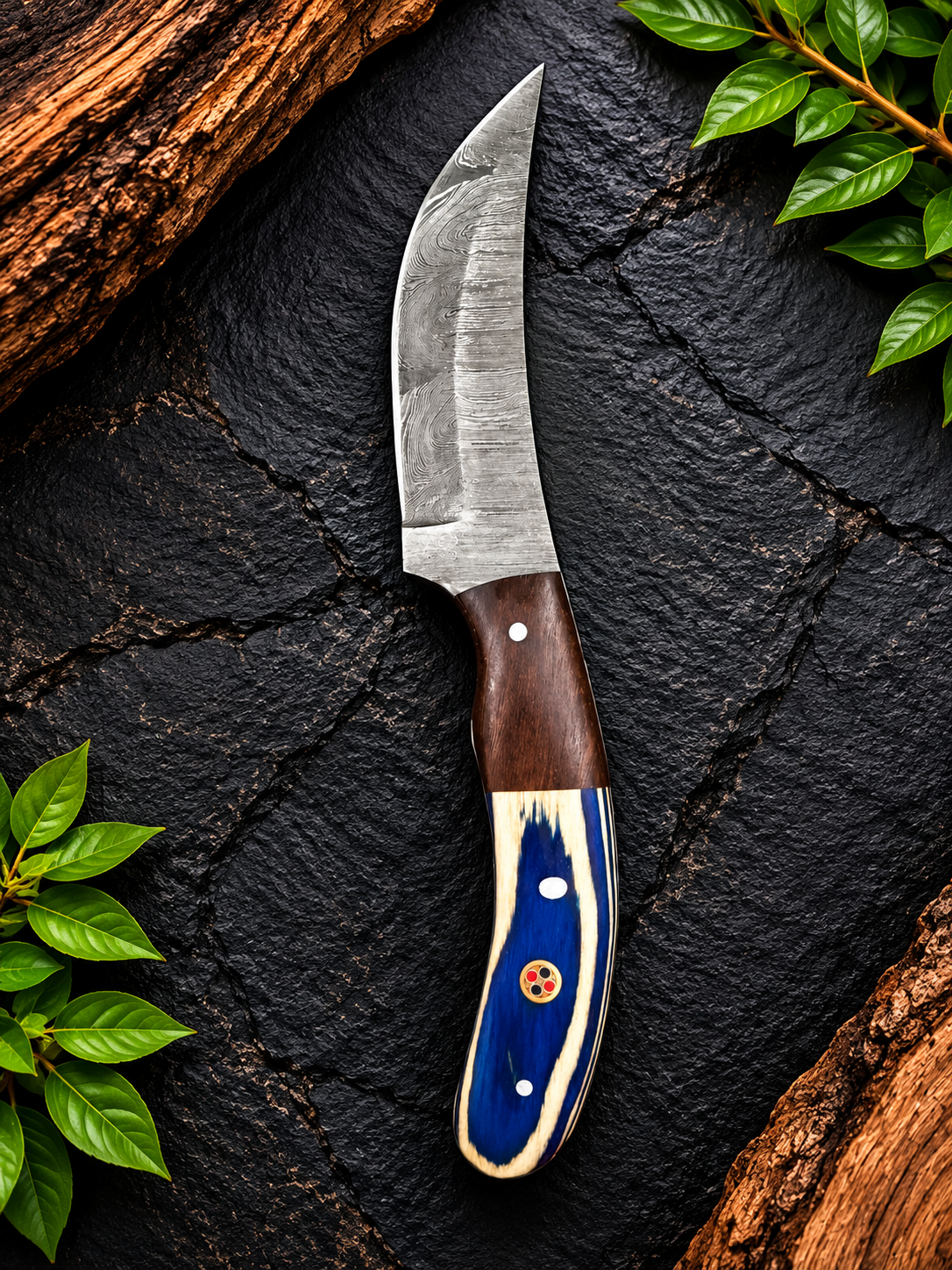 Handmade Damascus Steel 2 Pcs Fixed Blade Knife Green & Red Colorful Handle – Unique Collector’s Knife & Gift