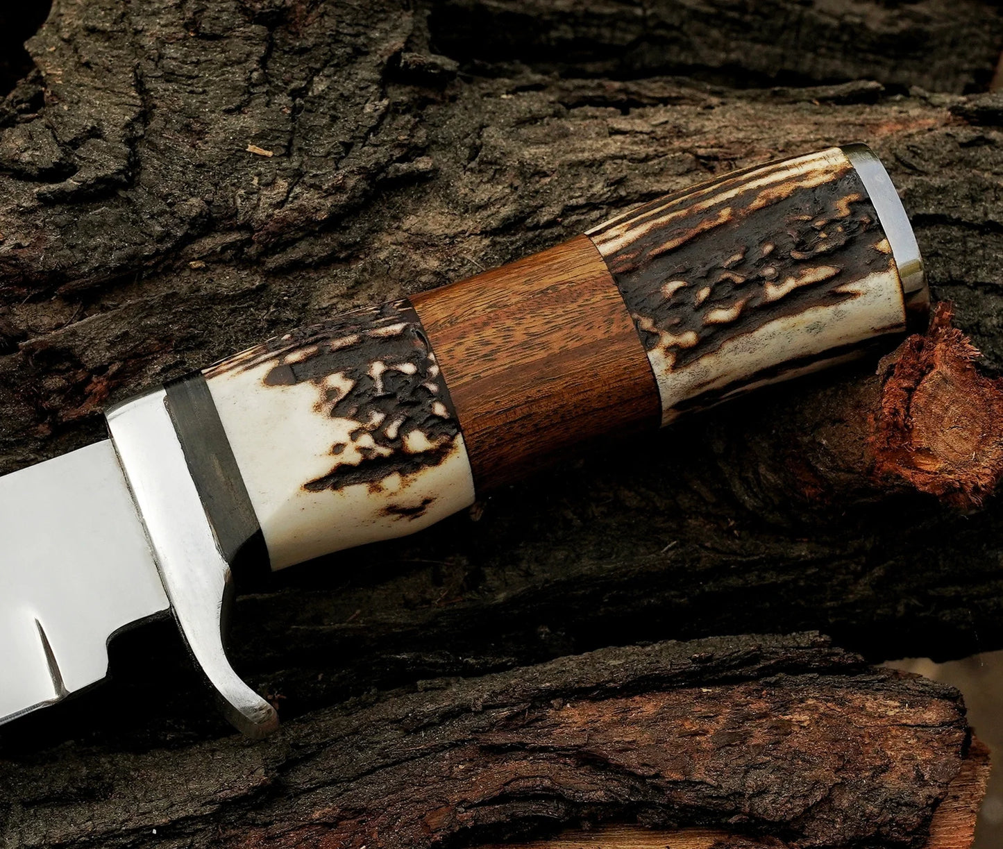 Damascus Steel Bowie Knives 14" Stag Horn Handle With Leather Sheath - Damascus Kings