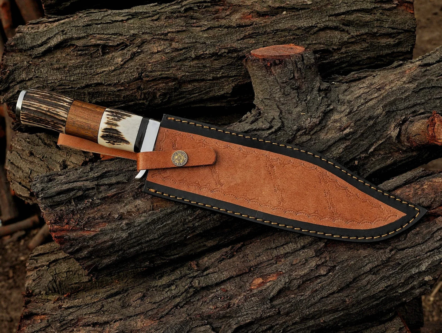 Damascus Steel Bowie Knives 14" Stag Horn Handle With Leather Sheath - Damascus Kings