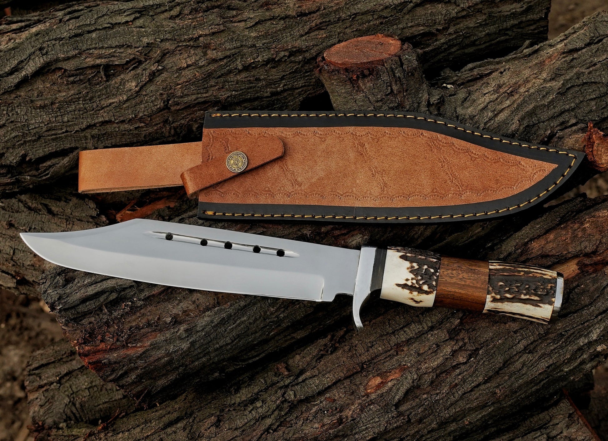 Damascus Steel Bowie Knives 14" Stag Horn Handle With Leather Sheath - Damascus Kings