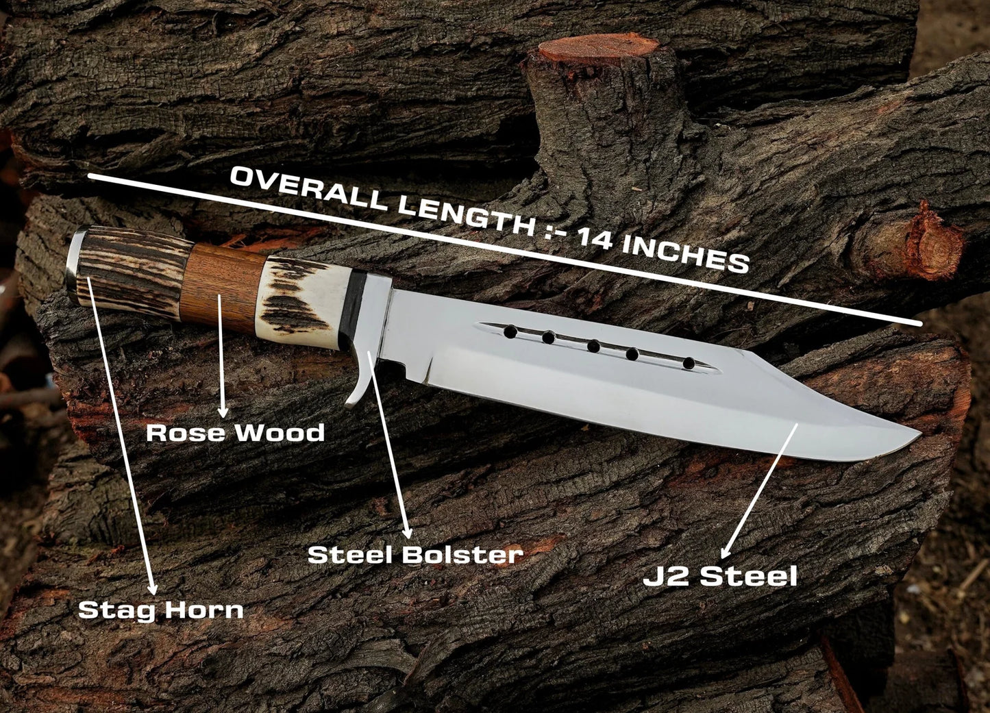 Damascus Steel Bowie Knives 14" Stag Horn Handle With Leather Sheath - Damascus Kings