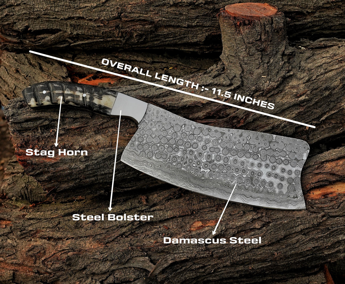 11.5" Stag horn handle chef cleaver knife Custom Handmade Chopper - Damascus Kings