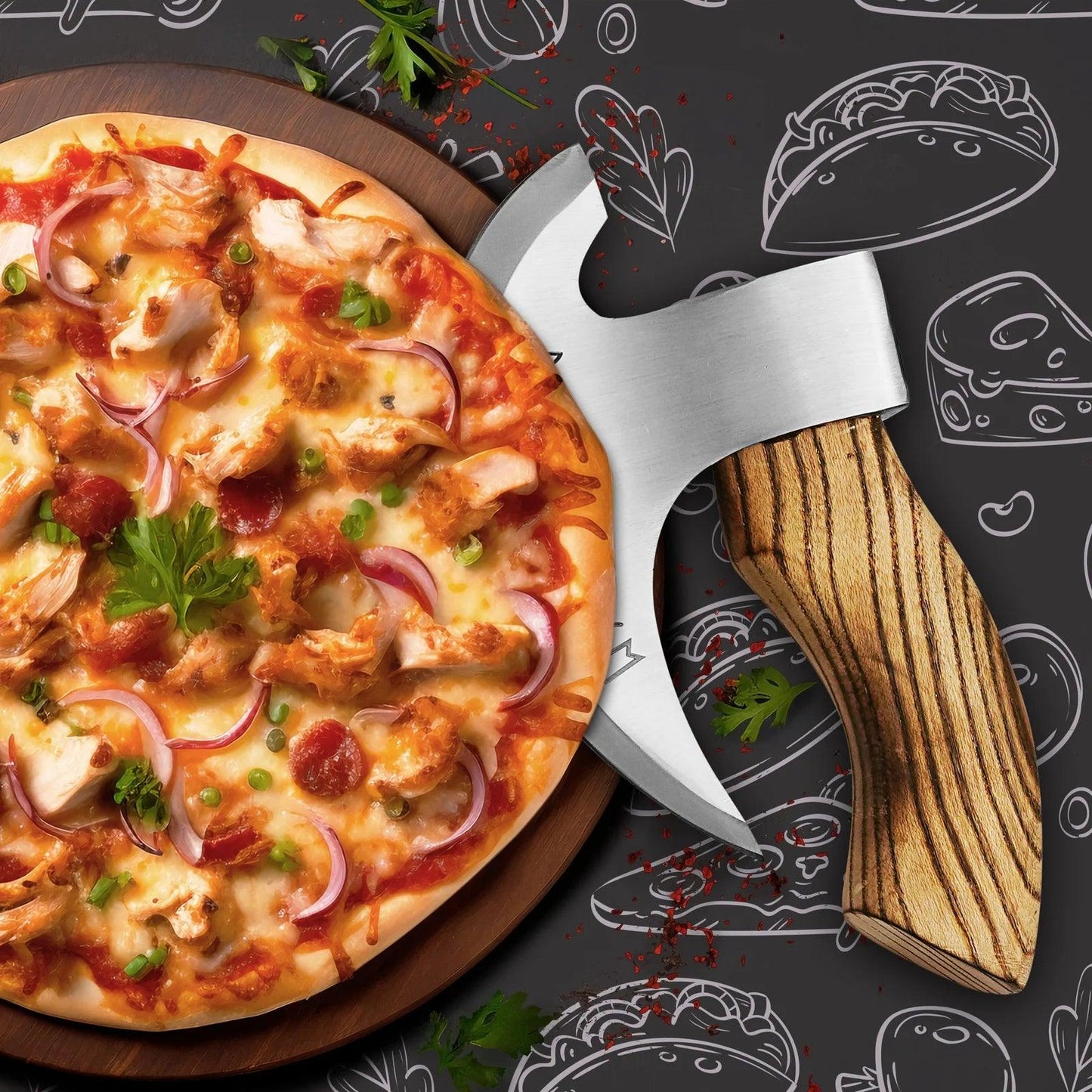 Customs Handmade J2 Steel Viking Pizza Cutter Axe Bearded Camping Axe | Unique - Damascus Kings