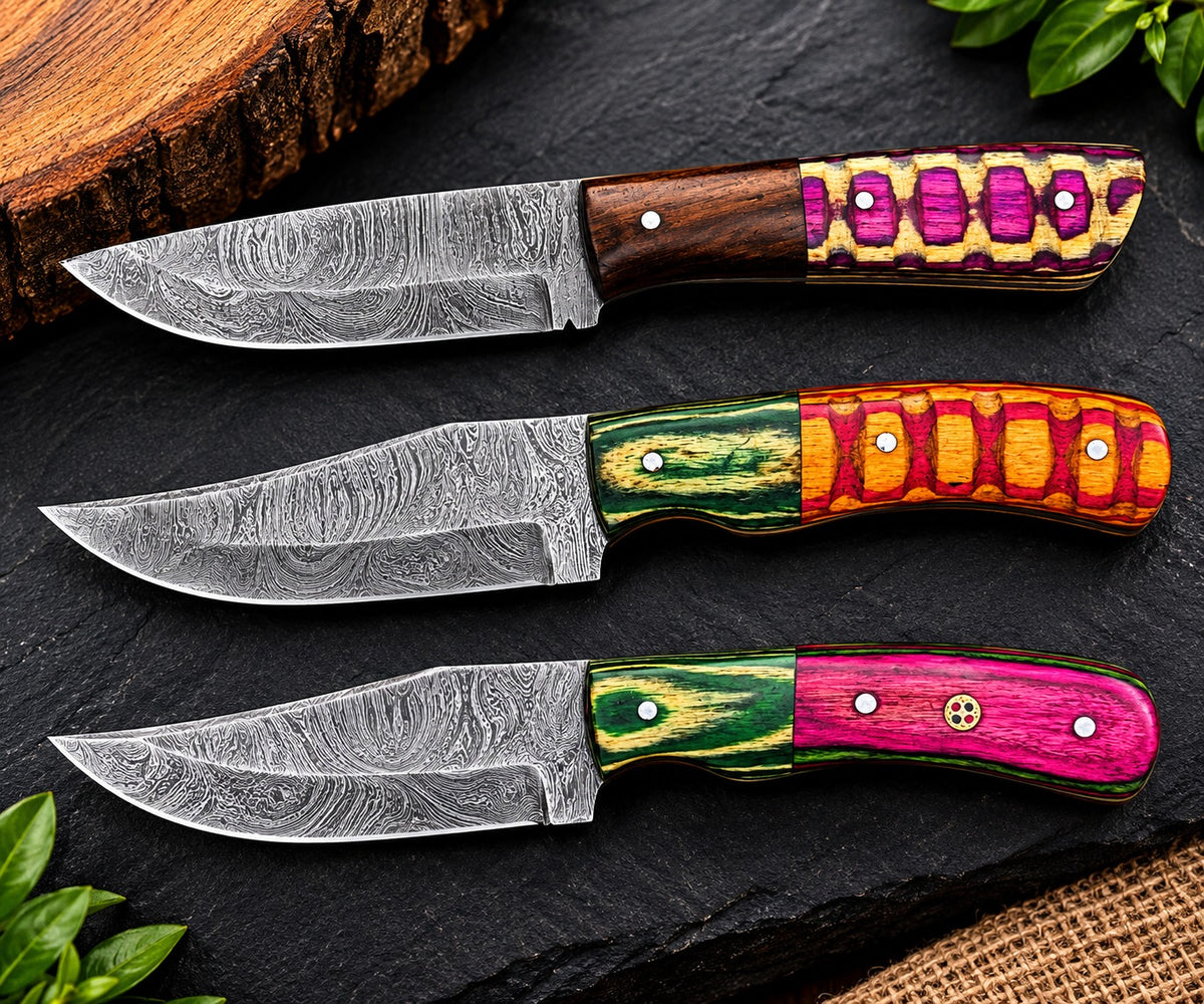Handmade Damascus Steel Knife Collection Colorful Premium Handle Designs Without Sheath
