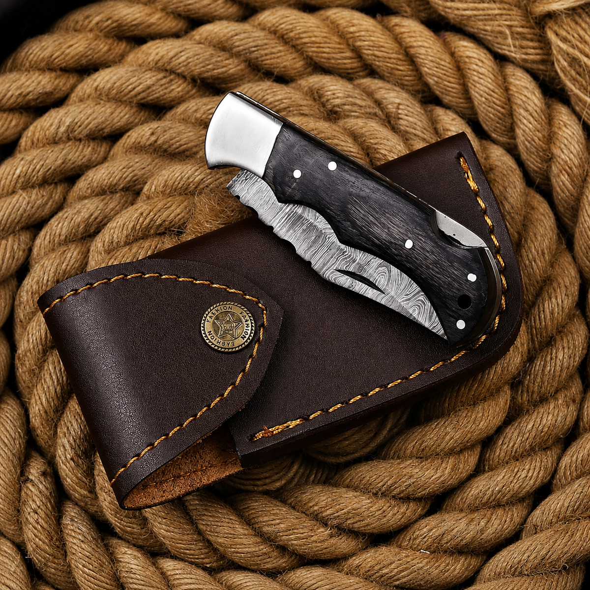 Handmade Damascus Steel Folding Knife | Premium Black Wood Handle