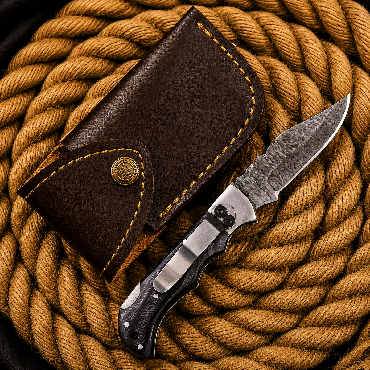Handmade Damascus Steel Folding Knife | Premium Black Wood Handle