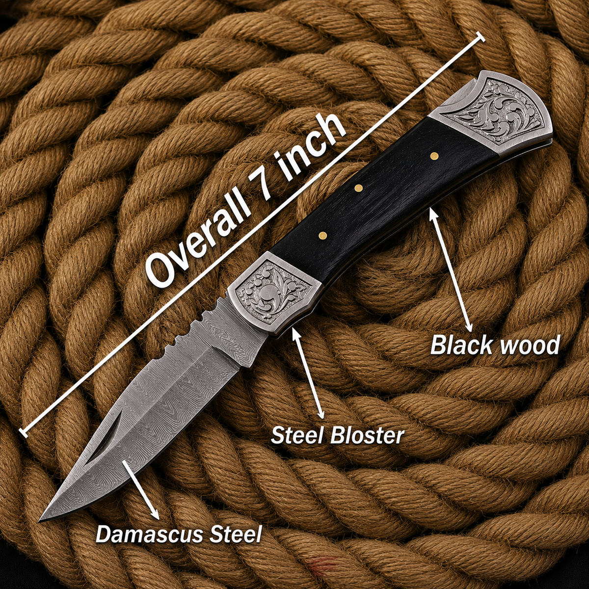 Handmade Damascus Steel Folding Knife Black Wood Handle & Engraved Bolsters