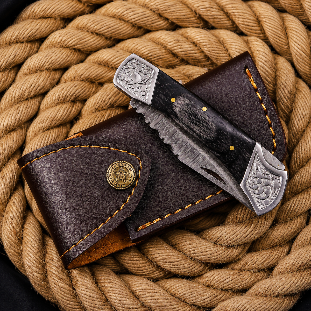 Handmade Damascus Steel Folding Knife Black Wood Handle & Engraved Bolsters