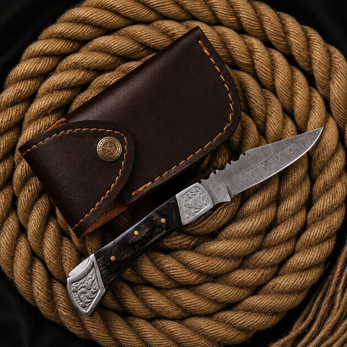 Handmade Damascus Steel Folding Knife Black Wood Handle & Engraved Bolsters