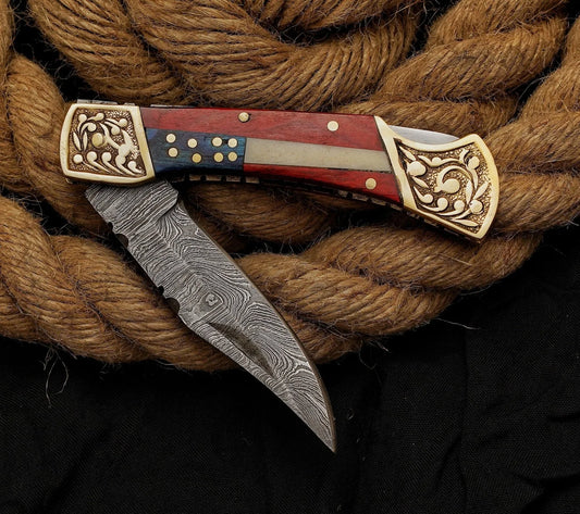 7″ Unique Handcrafted Damascus steel folding Knife with Exotic Wood & Bone Handle