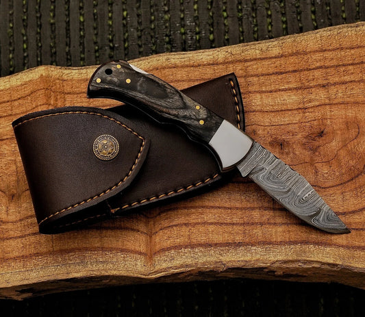 6.75″ Unique Handcrafted Damascus steel folding Knife with Exotic Wood