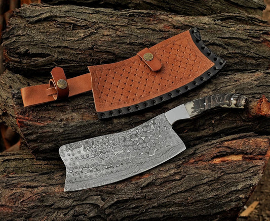 Chef cleaver knife Custom handmade Damascus Steel chopper with leather sheath