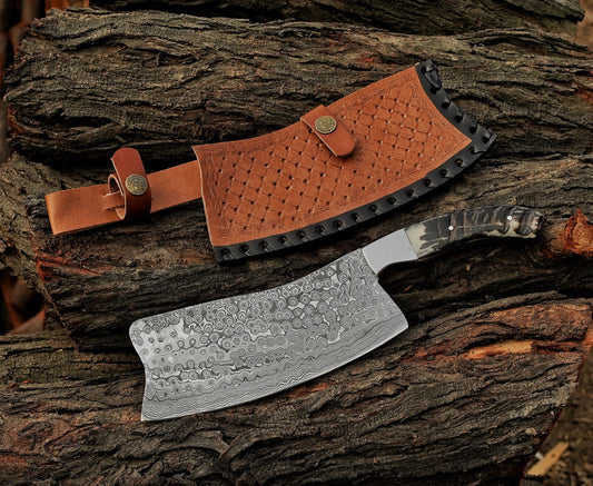 Stag horn handle chef cleaver knife Custom handmade Damascus Steel chopper with leather sheath