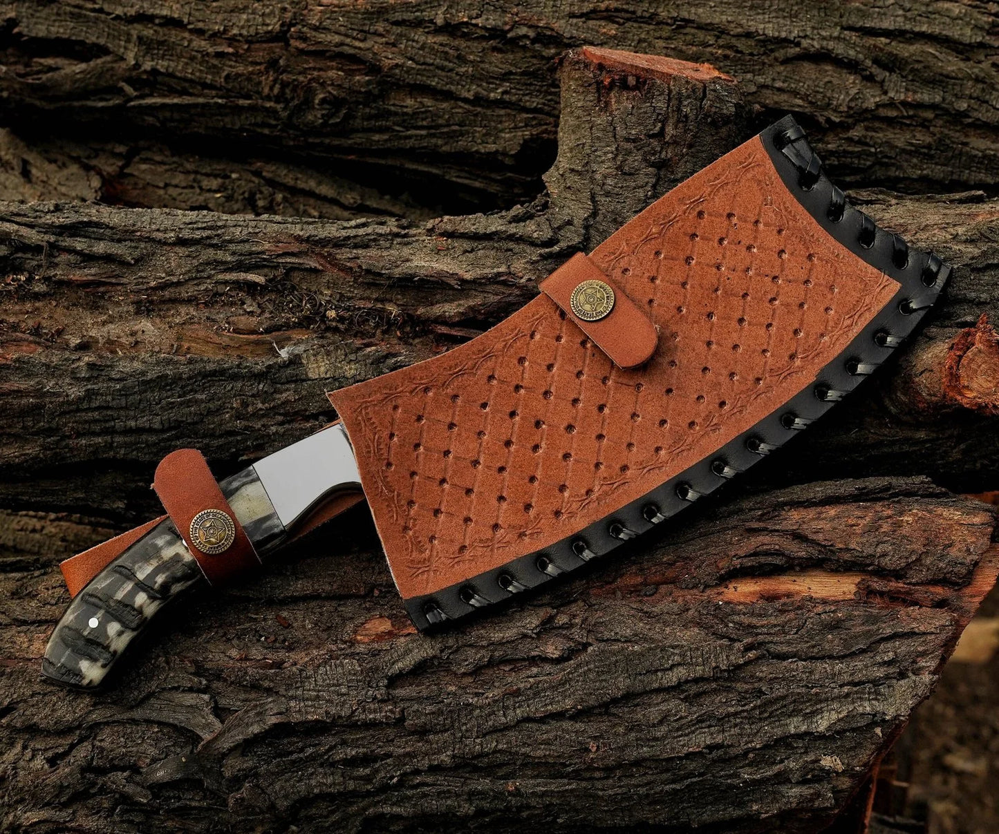 Chef cleaver knife Custom handmade Damascus Steel chopper with leather sheath