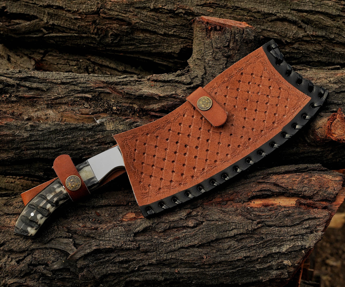 Stag horn handle chef cleaver knife Custom handmade Damascus Steel chopper with leather sheath