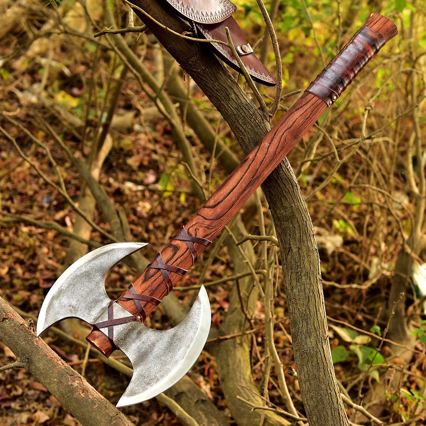 Double Headed Axe, Two Bit Axe, Viking Axe, Custom Hand Forged Double Headed Axe, Double Bit Axe, Double Sided Axe With Leather Sheath