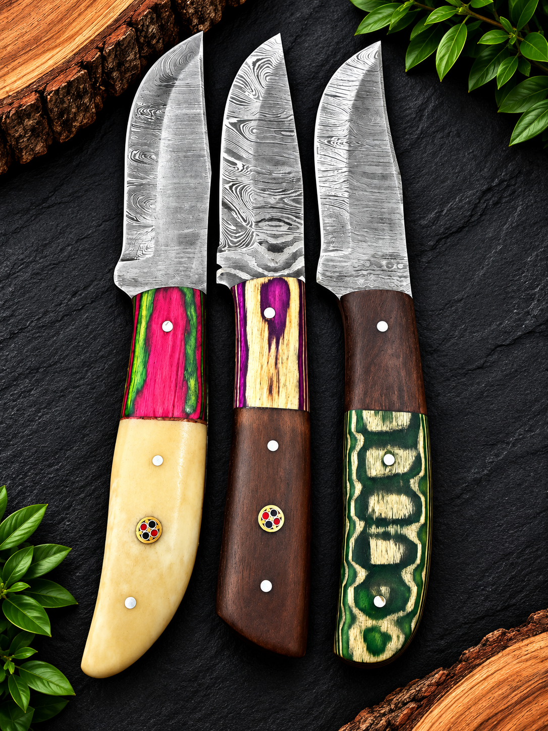 Handmade Damascus Steel 3-Knife Collection Multicolor Handles & Premium Craftsmanship