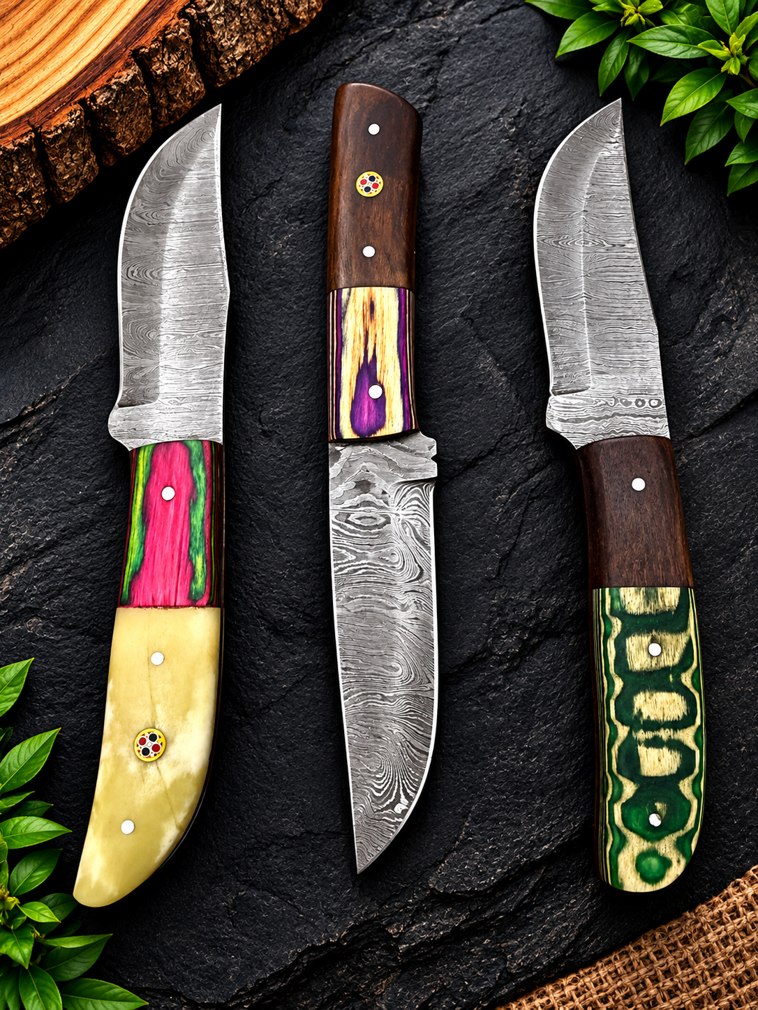 Handmade Damascus Steel 3-Knife Collection Multicolor Handles & Premium Craftsmanship