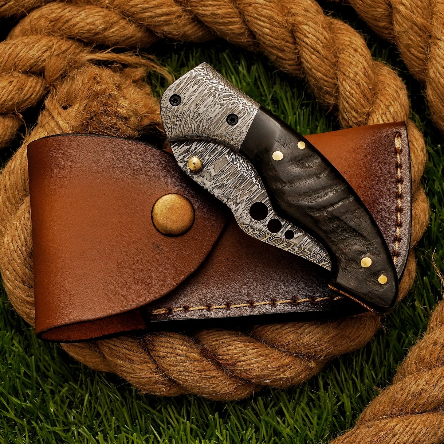 Damascus Steel Folding Pocket Knife – Stag Horn Bone Handle, Damascus Bolster Brass Pin on handle with Leather Sheath