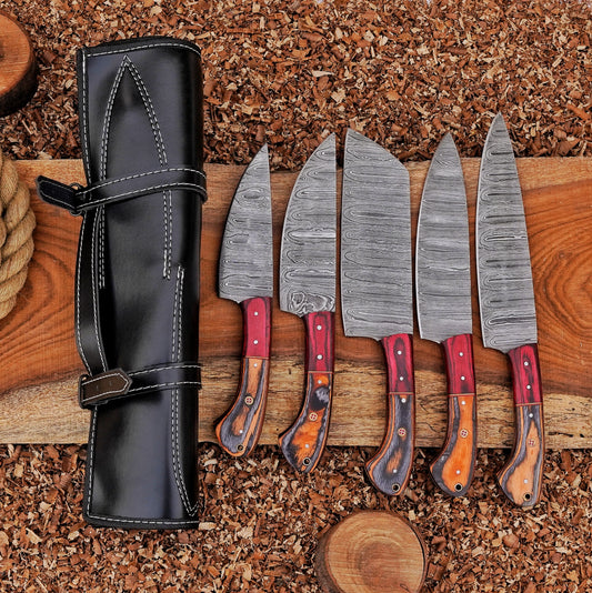 Handmade Chef Set, 5 Piece Damascus Steel Chef Knife Set, Kitchen Knife Set with Leather Cover