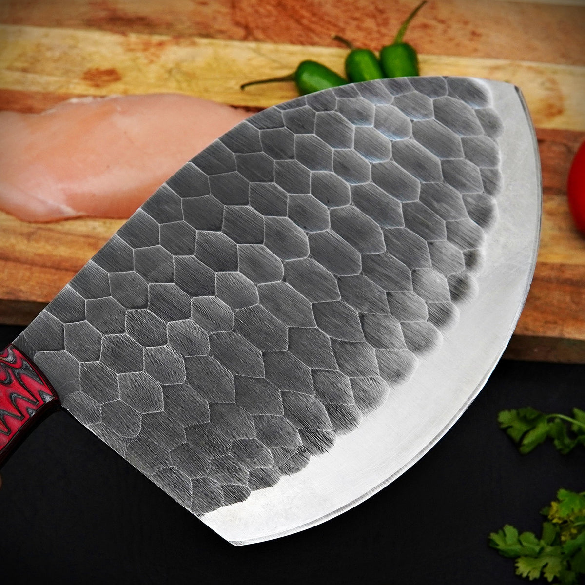Handmade Damascus Steel Meat Cleaver Red Pattern Handle with Leather Sheath