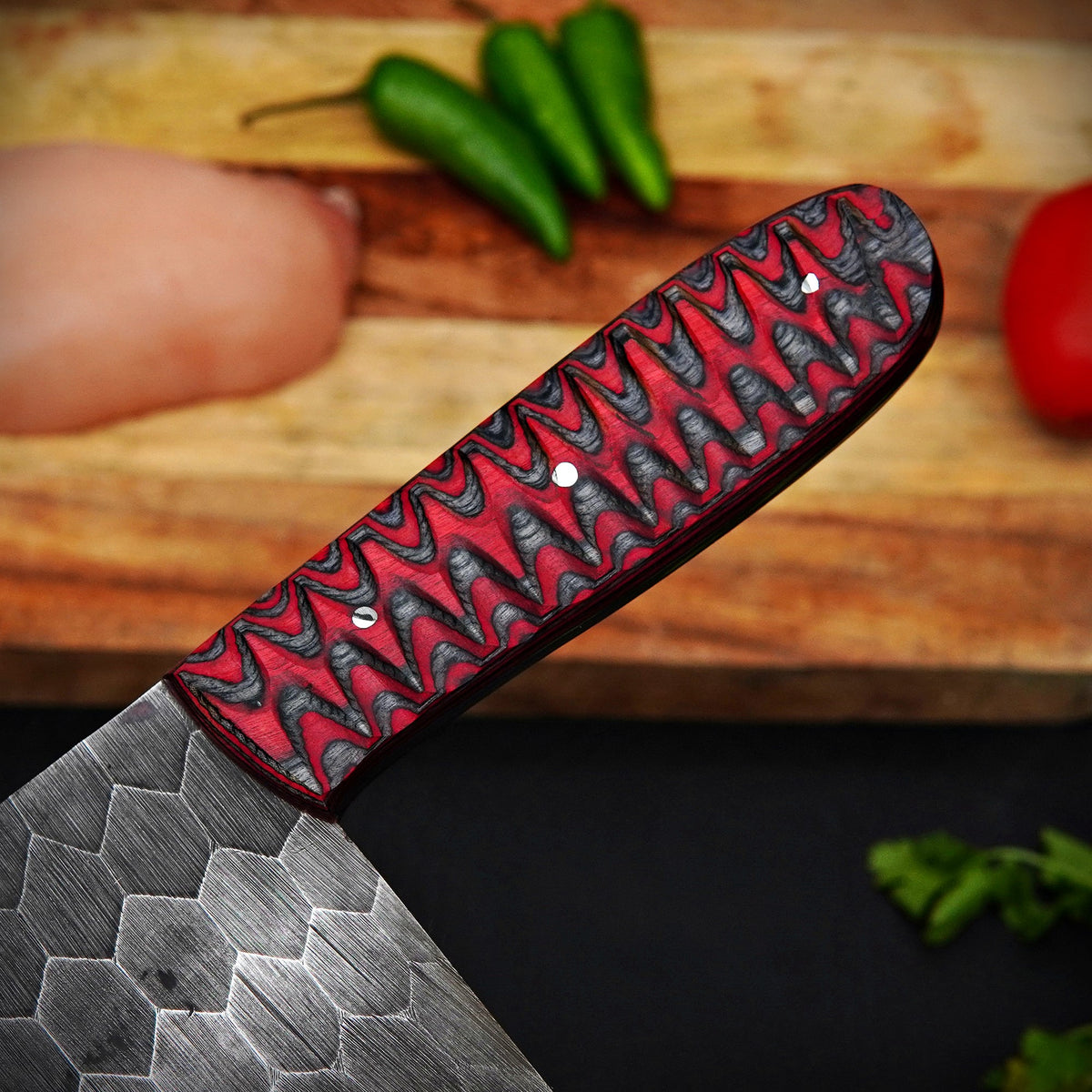 Handmade Damascus Steel Meat Cleaver Red Pattern Handle with Leather Sheath