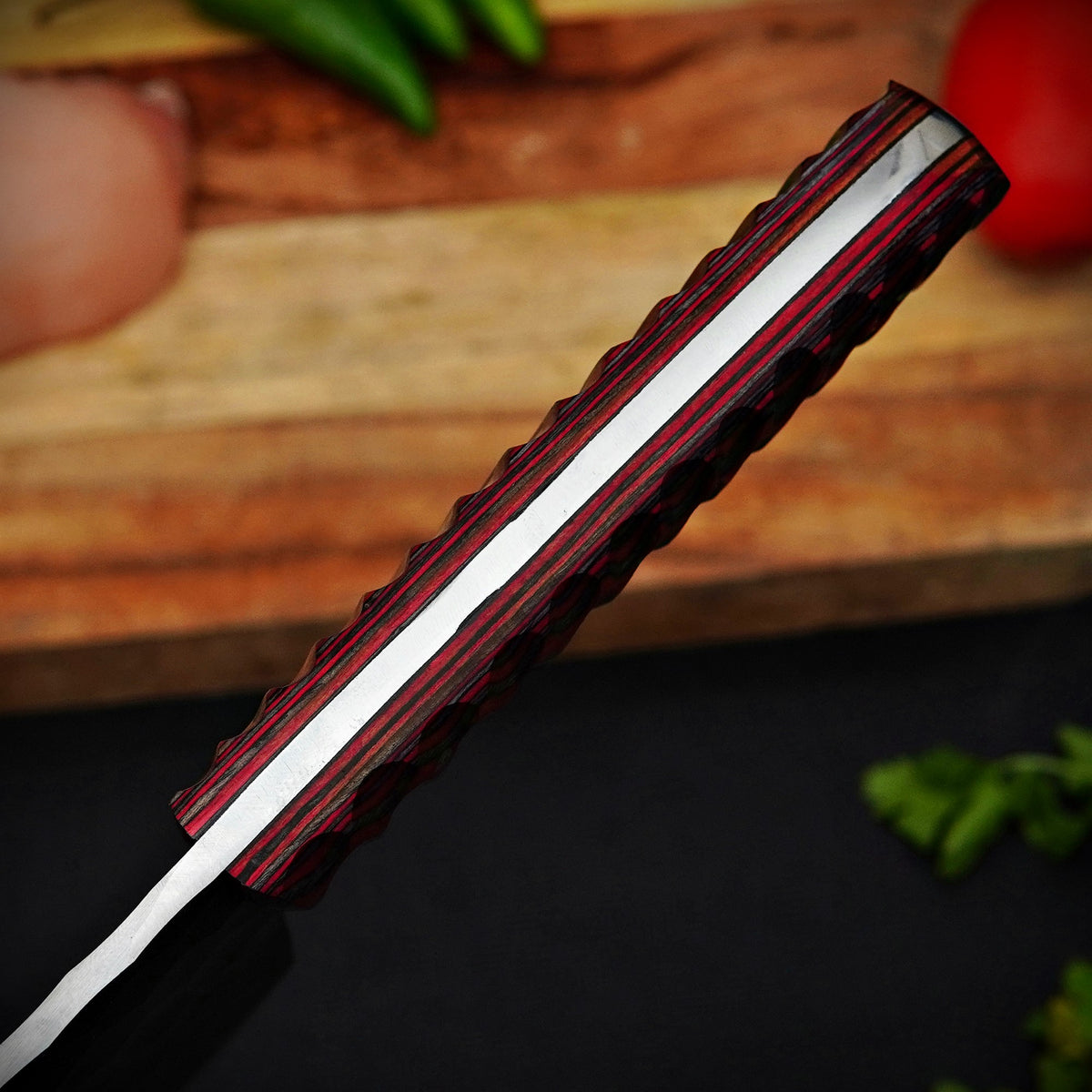 Handmade Damascus Steel Meat Cleaver Red Pattern Handle with Leather Sheath
