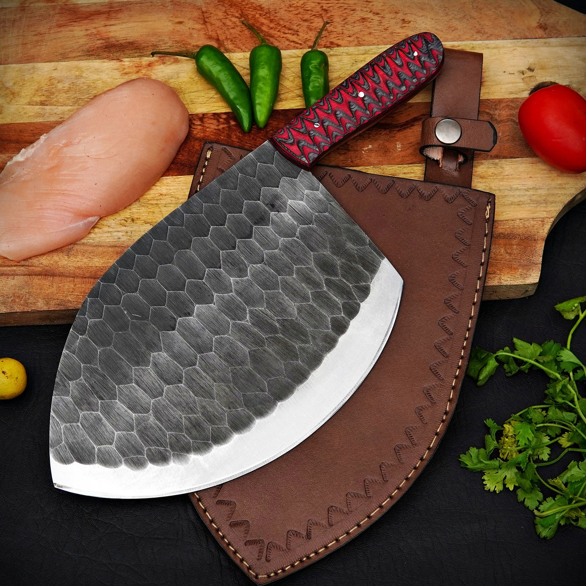 Handmade Damascus Steel Meat Cleaver Red Pattern Handle with Leather Sheath