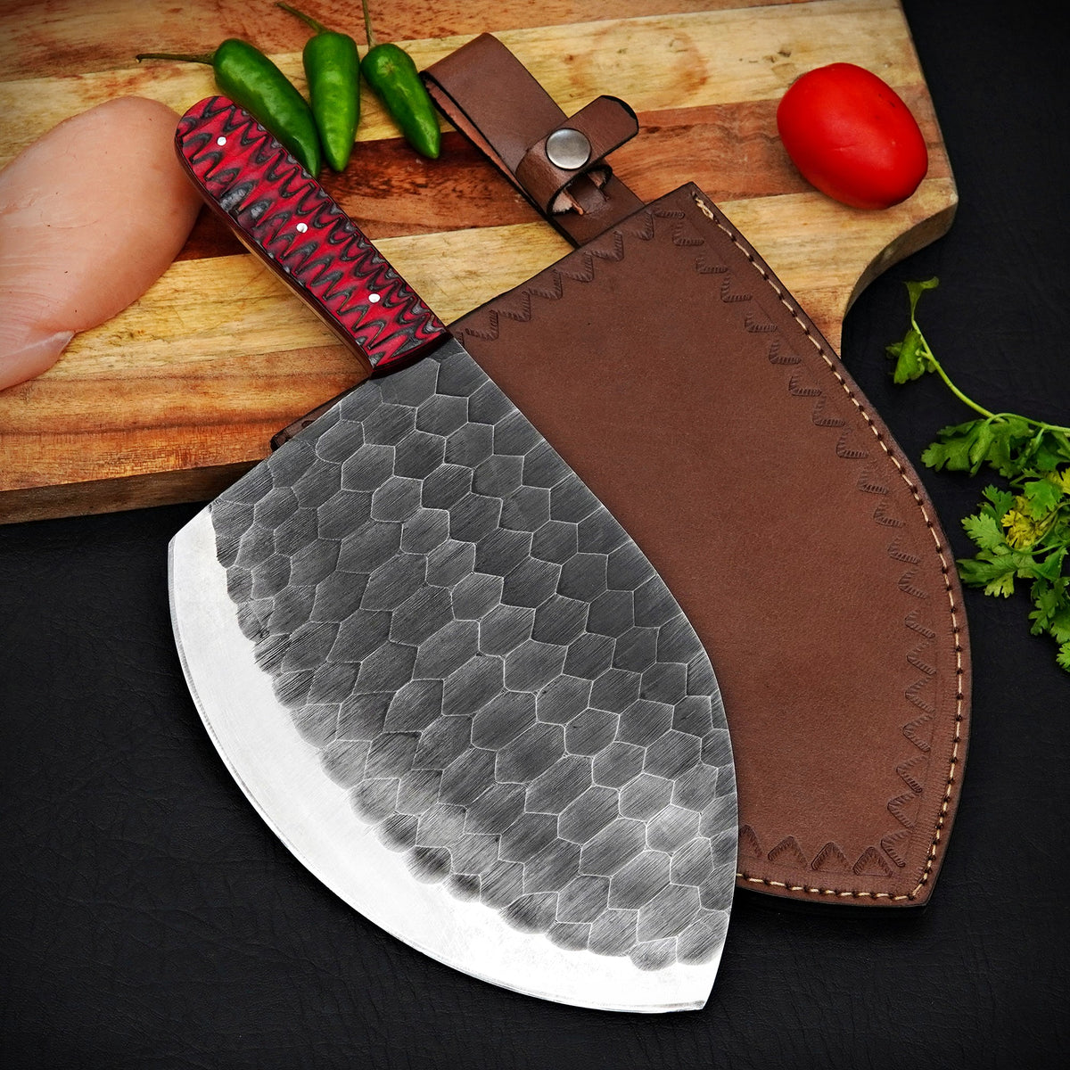 Handmade Damascus Steel Meat Cleaver Red Pattern Handle with Leather Sheath