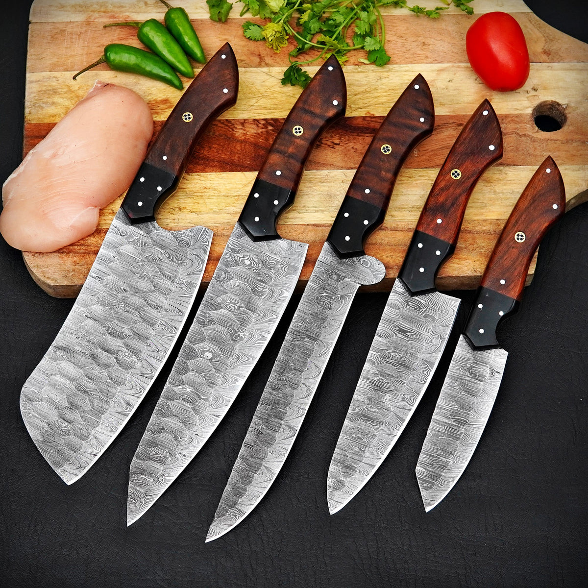 Handmade Damascus Steel 5-Piece Kitchen Knife Set with Wooden Handles & Leather Roll