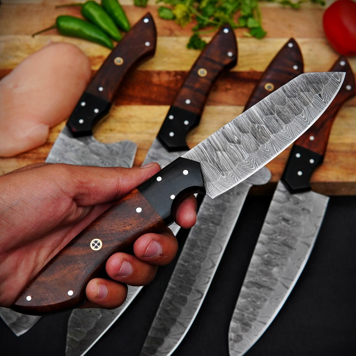 Handmade Damascus Steel 5-Piece Kitchen Knife Set with Wooden Handles & Leather Roll