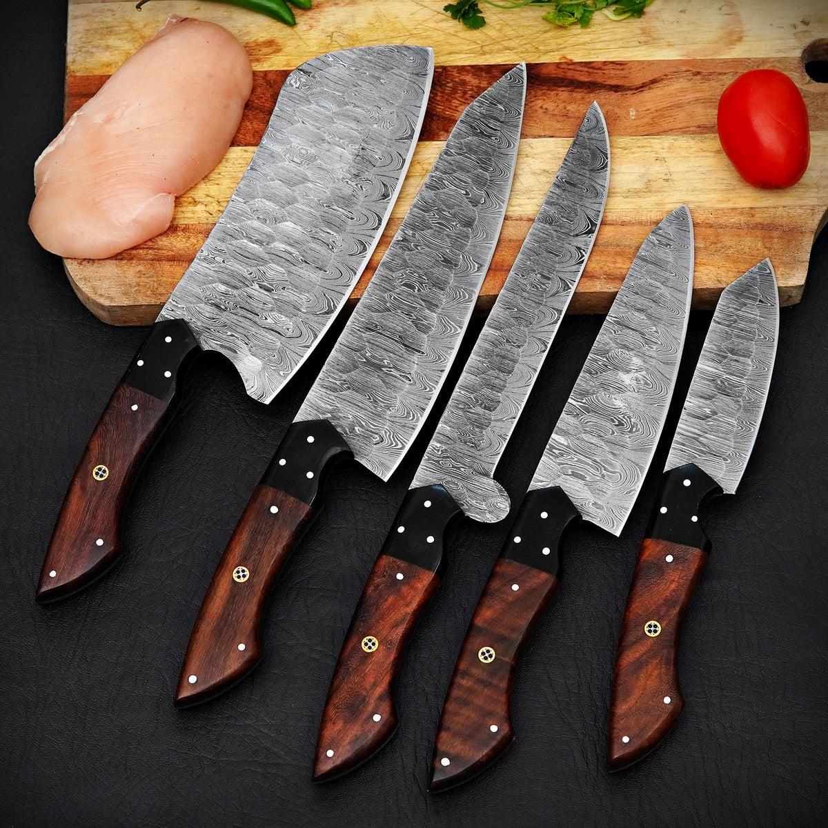 Handmade Damascus Steel 5-Piece Kitchen Knife Set with Wooden Handles & Leather Roll