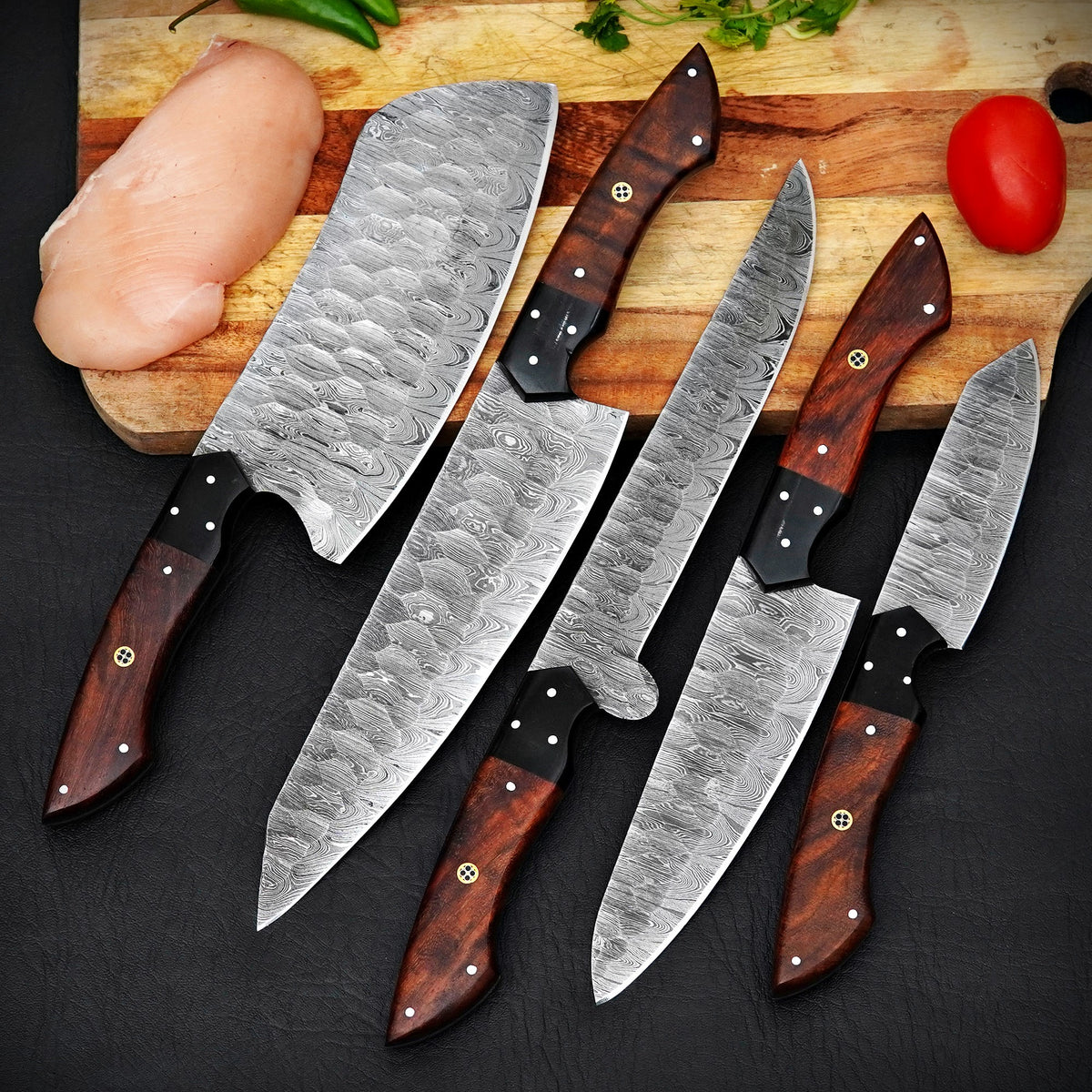 Handmade Damascus Steel 5-Piece Kitchen Knife Set with Wooden Handles & Leather Roll