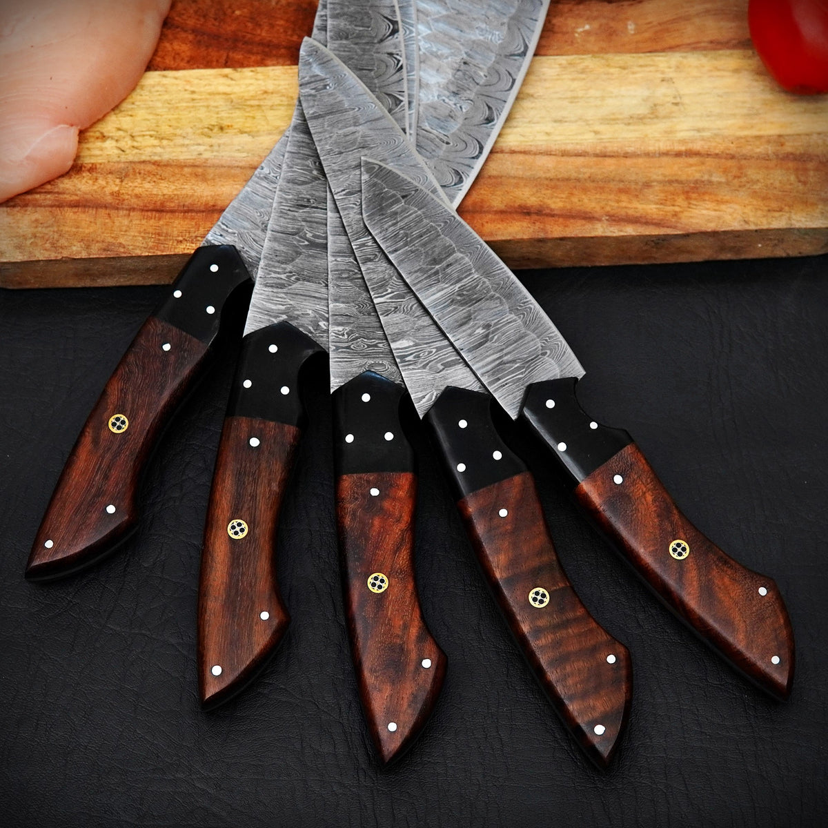 Handmade Damascus Steel 5-Piece Kitchen Knife Set with Wooden Handles & Leather Roll