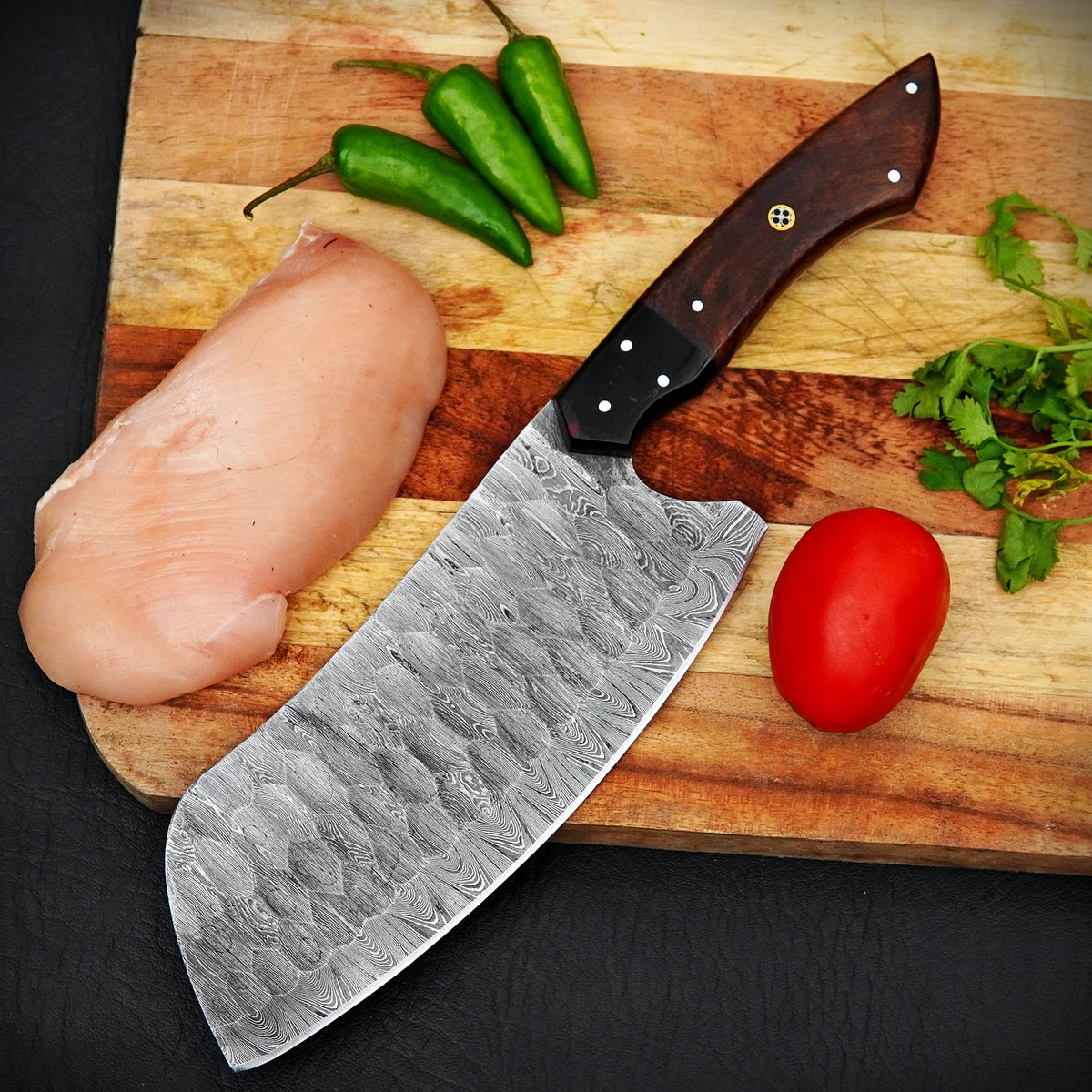 Handmade Damascus Steel 5-Piece Kitchen Knife Set with Wooden Handles & Leather Roll