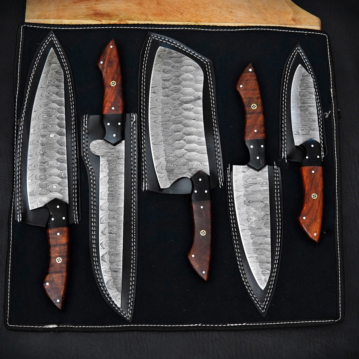 Handmade Damascus Steel 5-Piece Kitchen Knife Set with Wooden Handles & Leather Roll