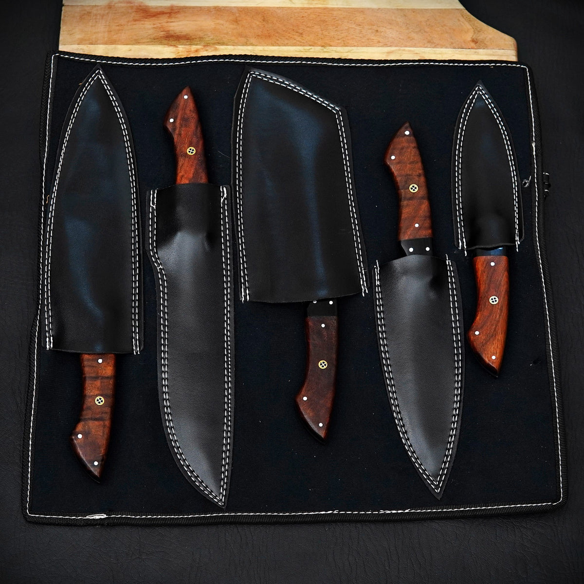 Handmade Damascus Steel 5-Piece Kitchen Knife Set with Wooden Handles & Leather Roll