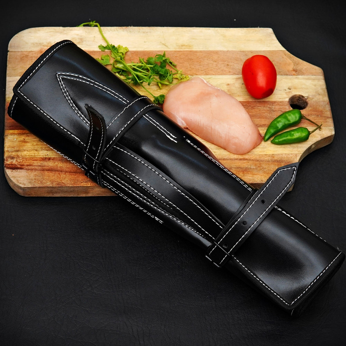 Handmade Damascus Steel 5-Piece Kitchen Knife Set with Wooden Handles & Leather Roll